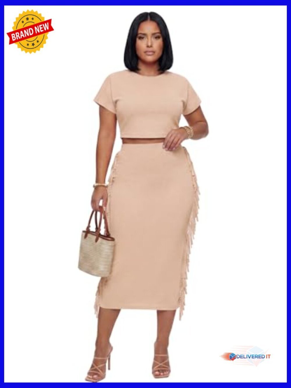 2 Piece Outfit Fringe Crop Top Bodycon Midi Skirt Set Sexy Clubwear - Picture 6 of 6